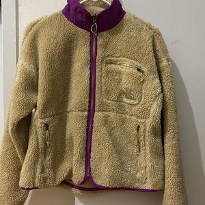 North Face Women’s sz Medium Tan Fleece Purple Trim